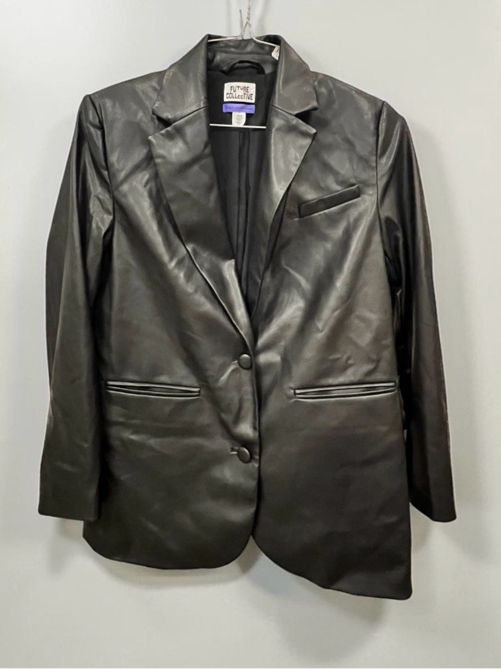 Future Collective Women's Black Faux Leather Tailored Blazer NEW XXS